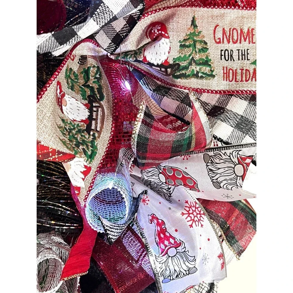 Handmade Merry Christmas Gnome Holiday Ribbon Door Wreath 22 ins W45
